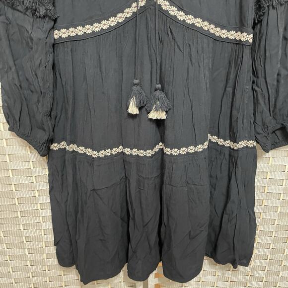 American Eagle Tiered Peasant Dress Size XS Black Embroidered Tassels Boho NEW - Picture 4 of 12